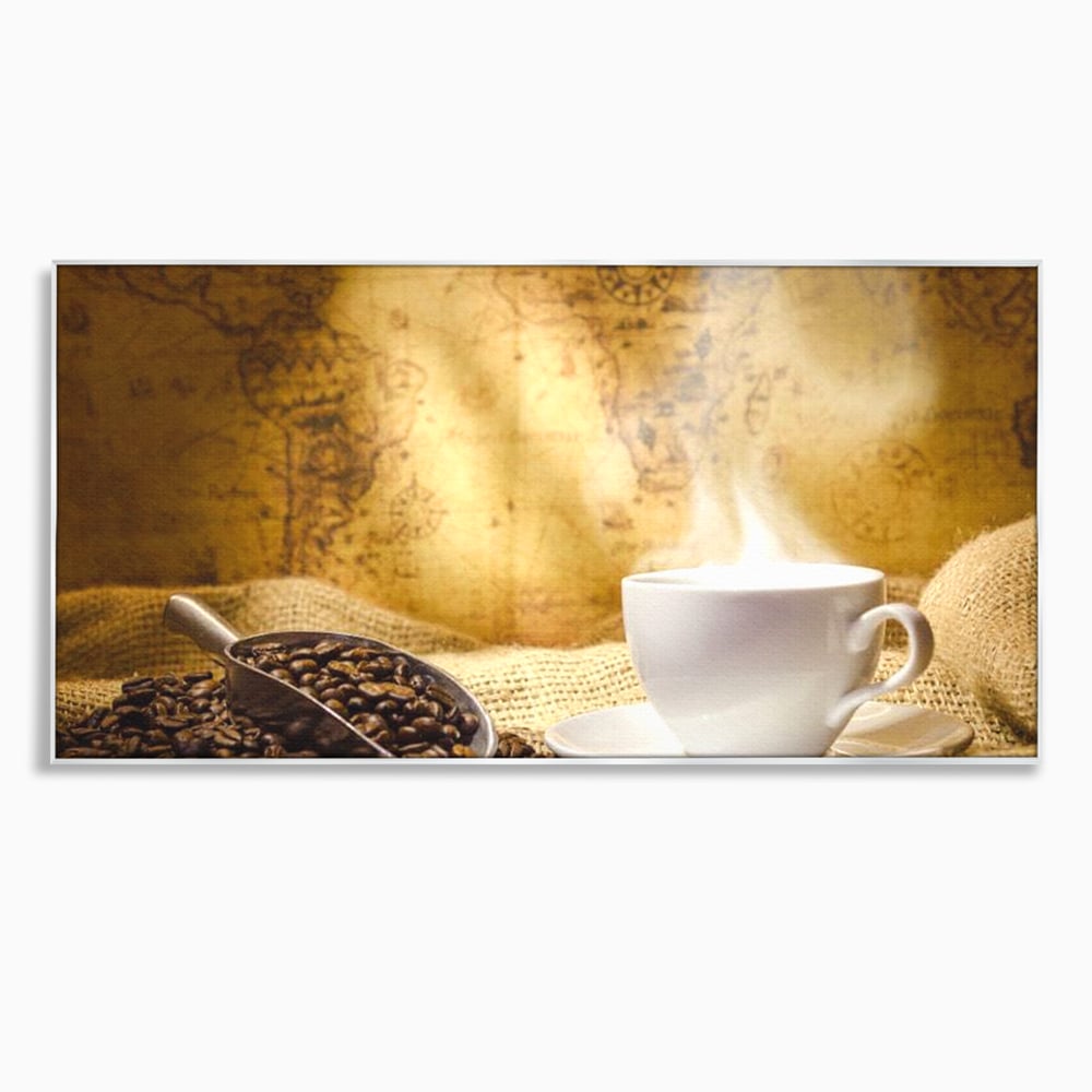 Tablou Canvas Premium, LuxCanva® N1079, Lumea Cafelei, Harta Lumii, Ceasca, Cafea, Espresso, Aburi, Fierbinte, Proaspat, Boabe, Vintage, Cafenea, Pub, Bar, Lounge, Restaurant, Bucatarie