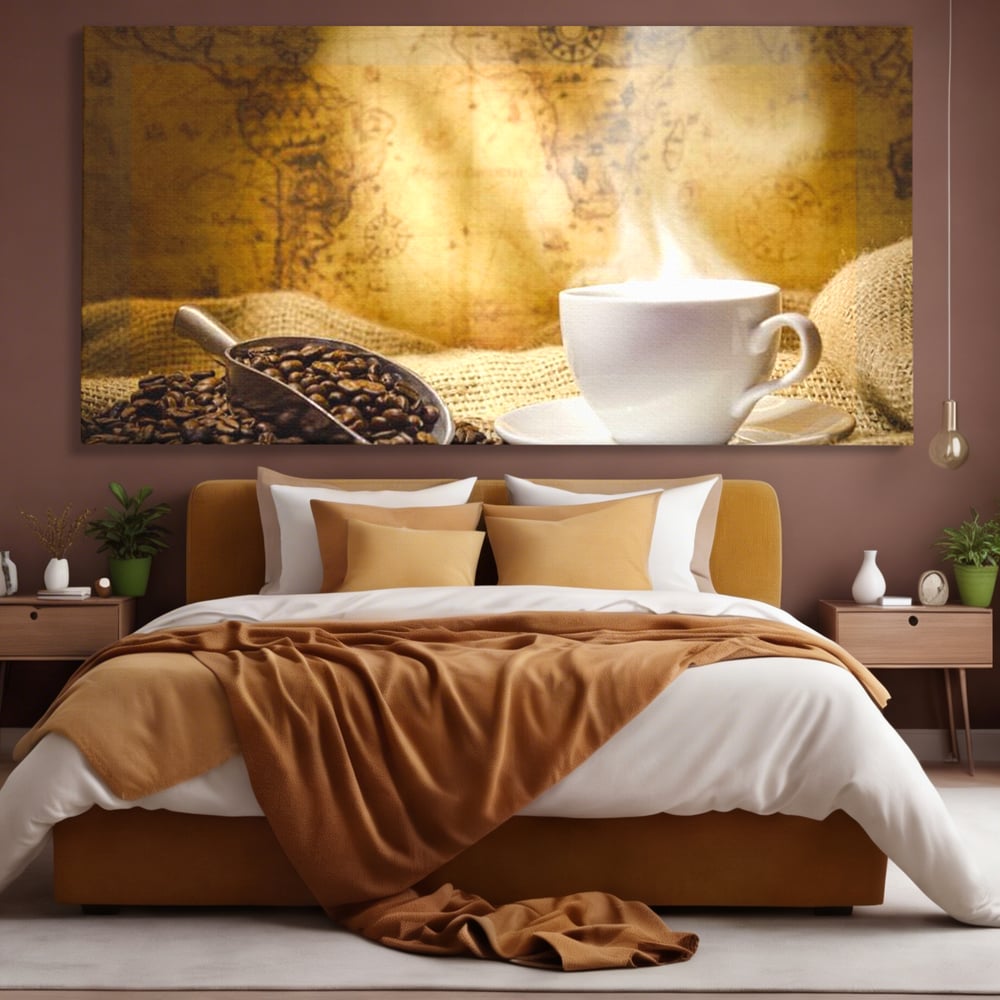 Tablou Canvas Premium, LuxCanva® N1079, Lumea Cafelei, Harta Lumii, Ceasca, Cafea, Espresso, Aburi, Fierbinte, Proaspat, Boabe, Vintage, Cafenea, Pub, Bar, Lounge, Restaurant, Bucatarie