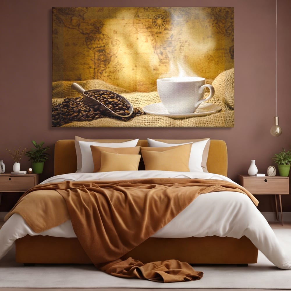 Tablou Canvas Premium, LuxCanva® N1079, Lumea Cafelei, Harta Lumii, Ceasca, Cafea, Espresso, Aburi, Fierbinte, Proaspat, Boabe, Vintage, Cafenea, Pub, Bar, Lounge, Restaurant, Bucatarie