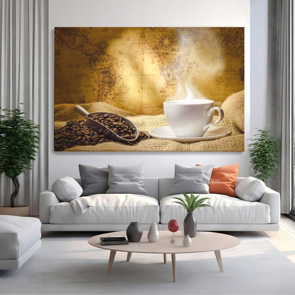 Tablou Canvas Premium, LuxCanva® N1079, Lumea Cafelei, Harta Lumii, Ceasca, Cafea, Espresso, Aburi, Fierbinte, Proaspat, Boabe, Vintage, Cafenea, Pub, Bar, Lounge, Restaurant, Bucatarie