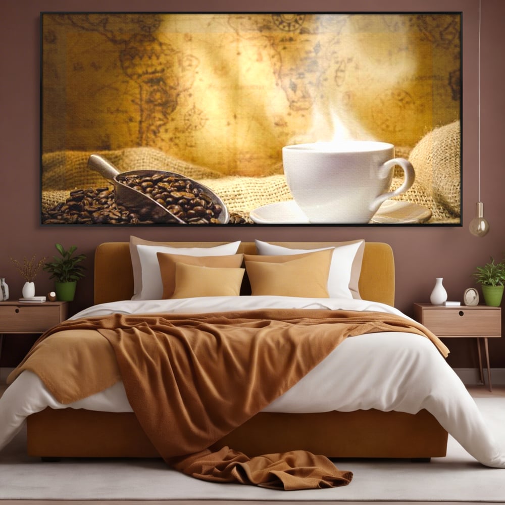 Tablou Canvas Premium, LuxCanva® N1079, Lumea Cafelei, Harta Lumii, Ceasca, Cafea, Espresso, Aburi, Fierbinte, Proaspat, Boabe, Vintage, Cafenea, Pub, Bar, Lounge, Restaurant, Bucatarie