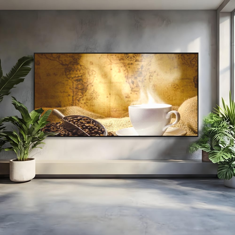 Tablou Canvas Premium, LuxCanva® N1079, Lumea Cafelei, Harta Lumii, Ceasca, Cafea, Espresso, Aburi, Fierbinte, Proaspat, Boabe, Vintage, Cafenea, Pub, Bar, Lounge, Restaurant, Bucatarie