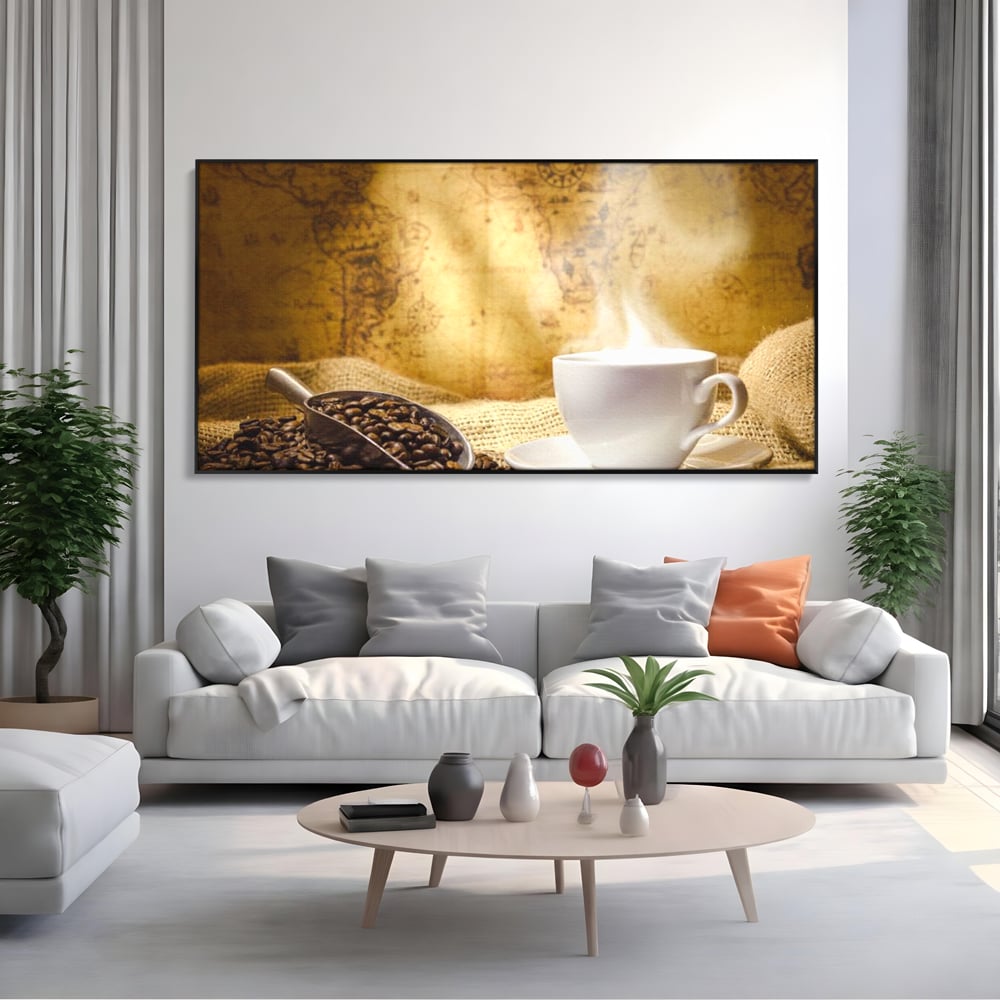 Tablou Canvas Premium, LuxCanva® N1079, Lumea Cafelei, Harta Lumii, Ceasca, Cafea, Espresso, Aburi, Fierbinte, Proaspat, Boabe, Vintage, Cafenea, Pub, Bar, Lounge, Restaurant, Bucatarie