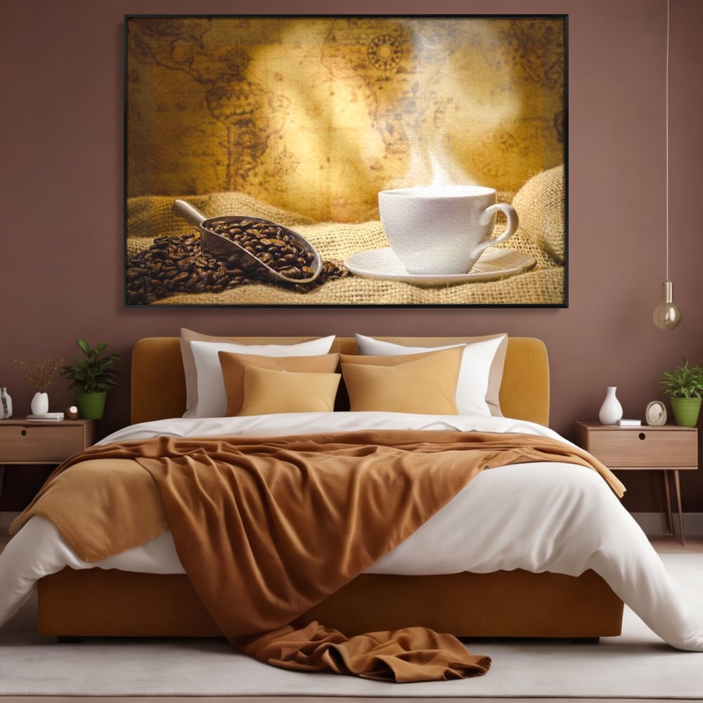 Tablou Canvas Premium, LuxCanva® N1079, Lumea Cafelei, Harta Lumii, Ceasca, Cafea, Espresso, Aburi, Fierbinte, Proaspat, Boabe, Vintage, Cafenea, Pub, Bar, Lounge, Restaurant, Bucatarie