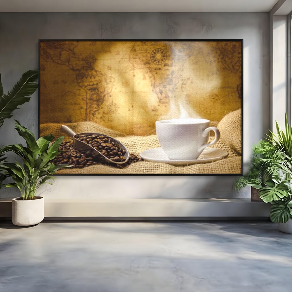 Tablou Canvas Premium, LuxCanva® N1079, Lumea Cafelei, Harta Lumii, Ceasca, Cafea, Espresso, Aburi, Fierbinte, Proaspat, Boabe, Vintage, Cafenea, Pub, Bar, Lounge, Restaurant, Bucatarie