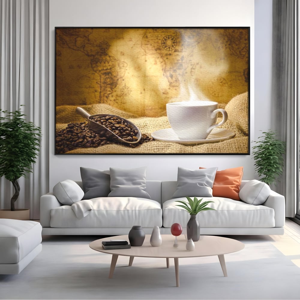 Tablou Canvas Premium, LuxCanva® N1079, Lumea Cafelei, Harta Lumii, Ceasca, Cafea, Espresso, Aburi, Fierbinte, Proaspat, Boabe, Vintage, Cafenea, Pub, Bar, Lounge, Restaurant, Bucatarie