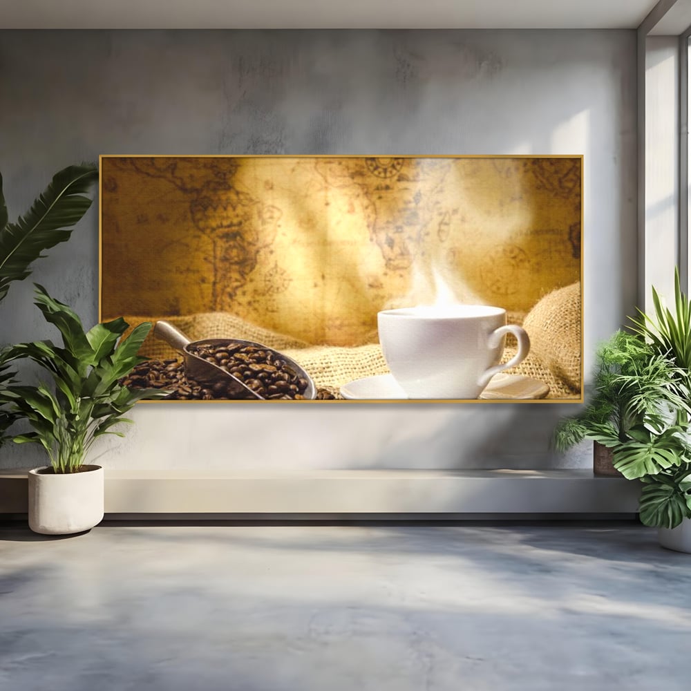Tablou Canvas Premium, LuxCanva® N1079, Lumea Cafelei, Harta Lumii, Ceasca, Cafea, Espresso, Aburi, Fierbinte, Proaspat, Boabe, Vintage, Cafenea, Pub, Bar, Lounge, Restaurant, Bucatarie