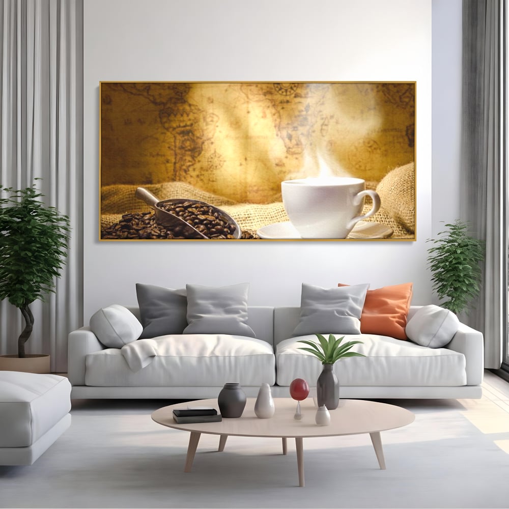 Tablou Canvas Premium, LuxCanva® N1079, Lumea Cafelei, Harta Lumii, Ceasca, Cafea, Espresso, Aburi, Fierbinte, Proaspat, Boabe, Vintage, Cafenea, Pub, Bar, Lounge, Restaurant, Bucatarie