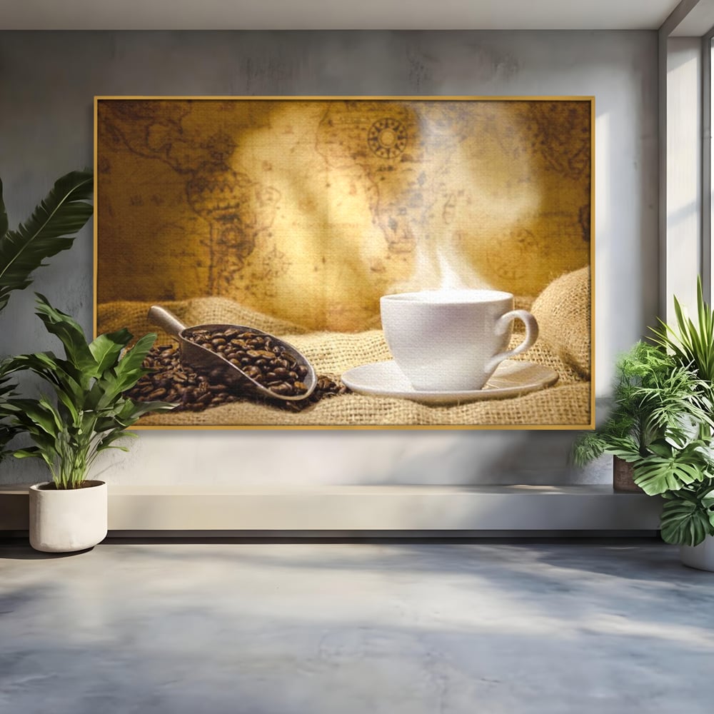 Tablou Canvas Premium, LuxCanva® N1079, Lumea Cafelei, Harta Lumii, Ceasca, Cafea, Espresso, Aburi, Fierbinte, Proaspat, Boabe, Vintage, Cafenea, Pub, Bar, Lounge, Restaurant, Bucatarie