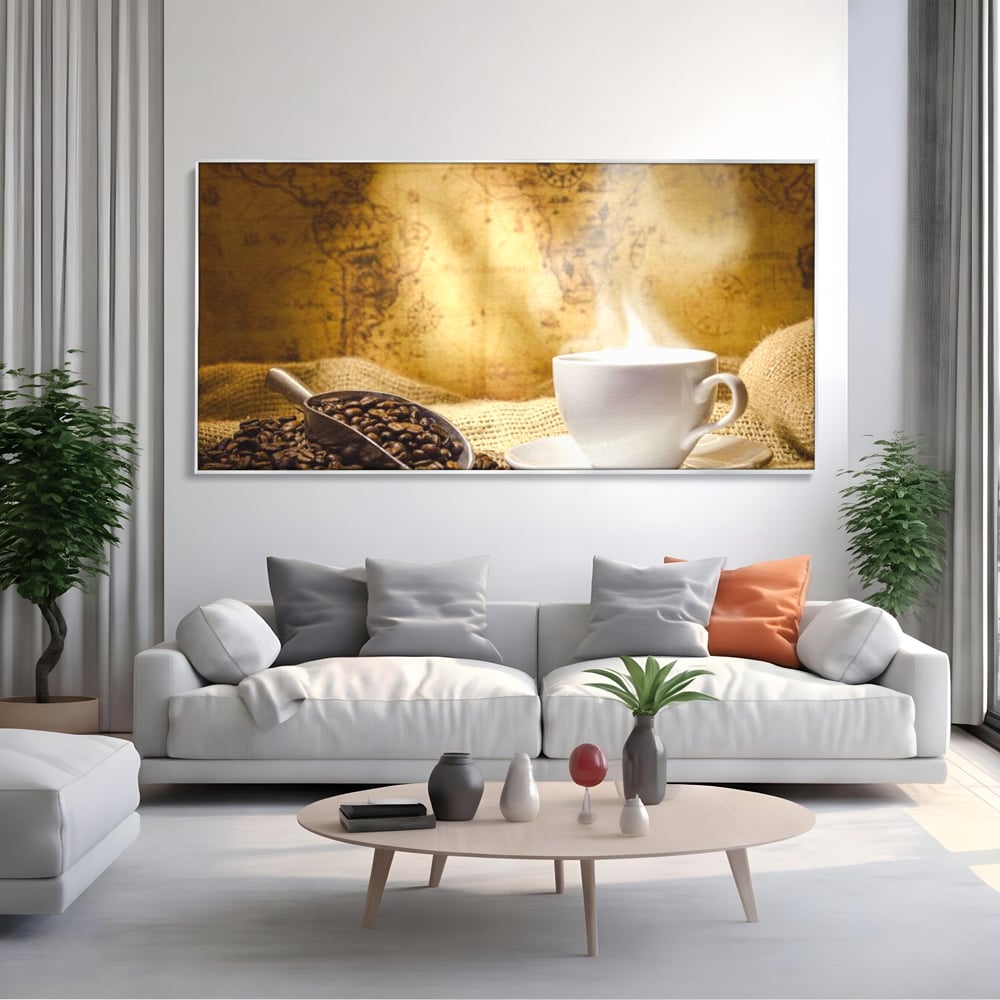 Tablou Canvas Premium, LuxCanva® N1079, Lumea Cafelei, Harta Lumii, Ceasca, Cafea, Espresso, Aburi, Fierbinte, Proaspat, Boabe, Vintage, Cafenea, Pub, Bar, Lounge, Restaurant, Bucatarie
