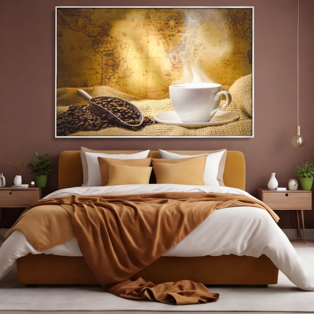 Tablou Canvas Premium, LuxCanva® N1079, Lumea Cafelei, Harta Lumii, Ceasca, Cafea, Espresso, Aburi, Fierbinte, Proaspat, Boabe, Vintage, Cafenea, Pub, Bar, Lounge, Restaurant, Bucatarie