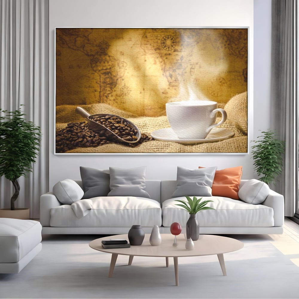 Tablou Canvas Premium, LuxCanva® N1079, Lumea Cafelei, Harta Lumii, Ceasca, Cafea, Espresso, Aburi, Fierbinte, Proaspat, Boabe, Vintage, Cafenea, Pub, Bar, Lounge, Restaurant, Bucatarie