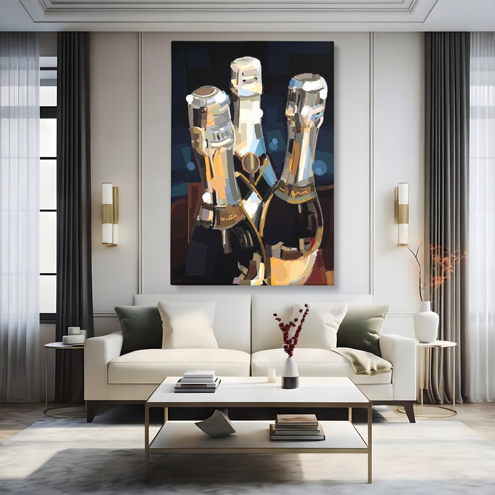 Tablou Canvas Premium, LuxCanva® N1081, Sclipiri de Cristal, Sticle, Sampanie, Arta Abstract, Lux, Petrecere, Festiv, Sarbatoare, Pub, Bar, Lounge, Restaurant, Bucatarie