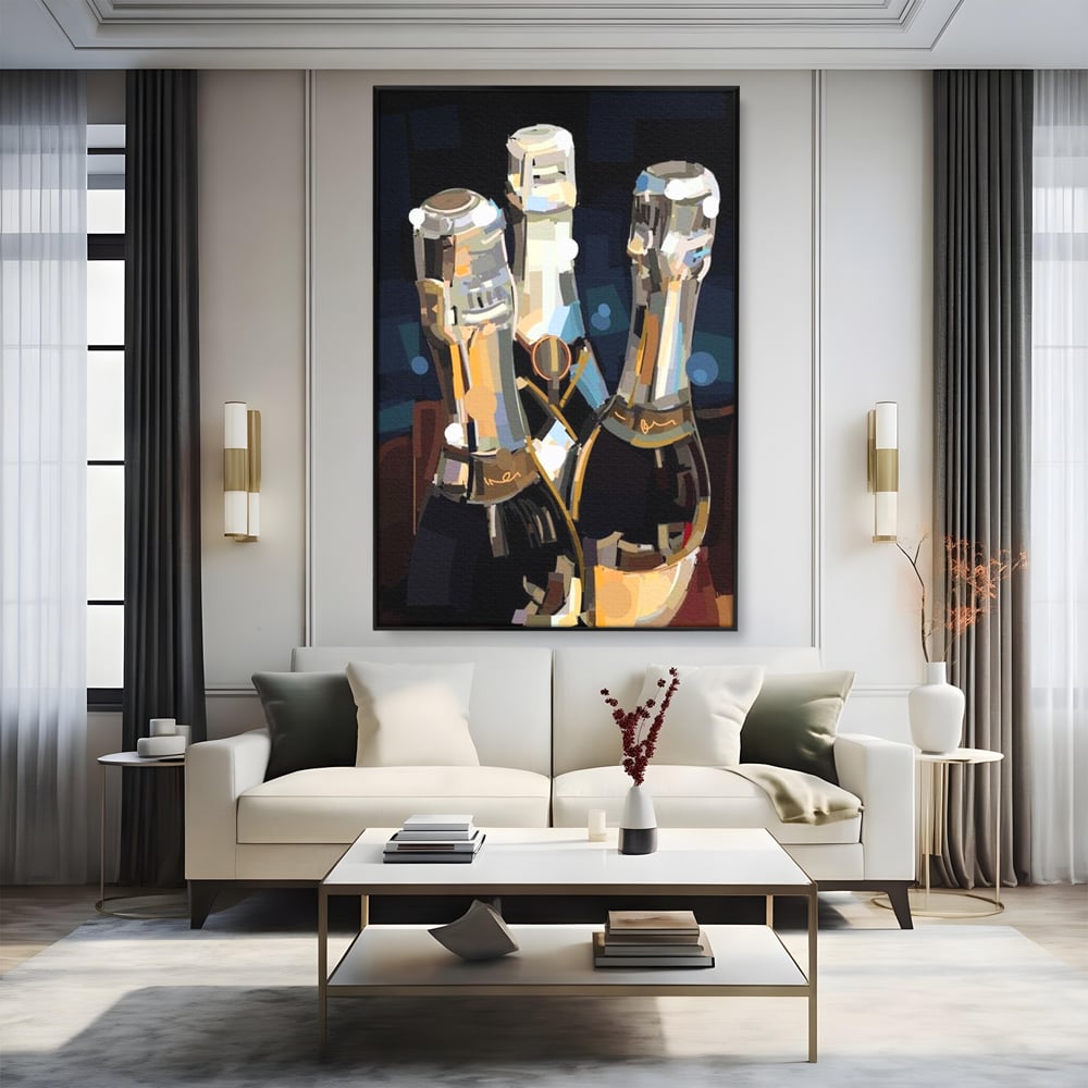 Tablou Canvas Premium, LuxCanva® N1081, Sclipiri de Cristal, Sticle, Sampanie, Arta Abstract, Lux, Petrecere, Festiv, Sarbatoare, Pub, Bar, Lounge, Restaurant, Bucatarie