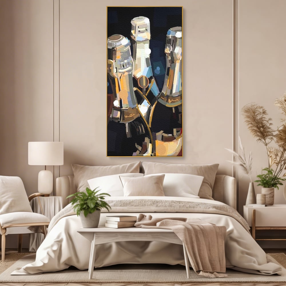 Tablou Canvas Premium, LuxCanva® N1081, Sclipiri de Cristal, Sticle, Sampanie, Arta Abstract, Lux, Petrecere, Festiv, Sarbatoare, Pub, Bar, Lounge, Restaurant, Bucatarie