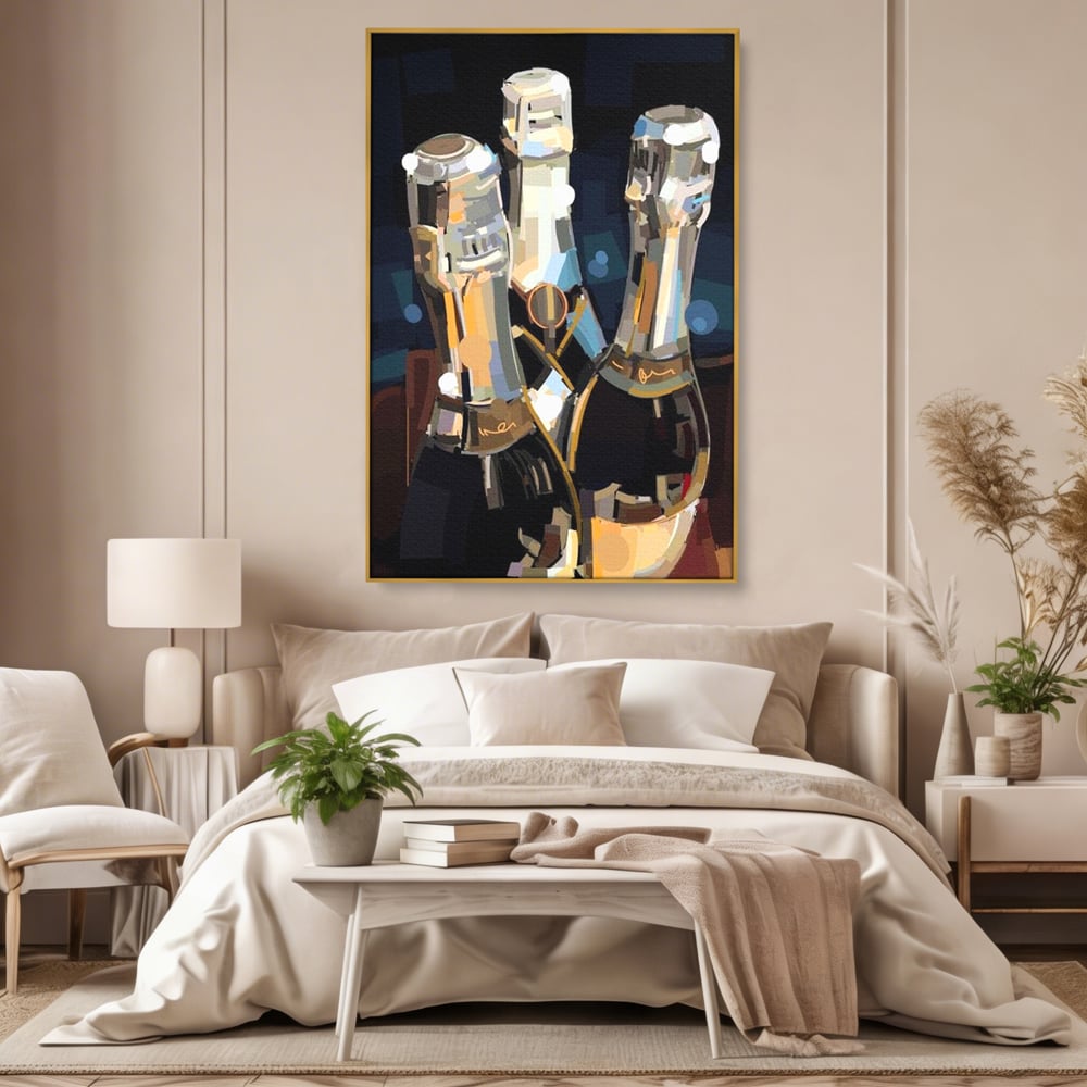 Tablou Canvas Premium, LuxCanva® N1081, Sclipiri de Cristal, Sticle, Sampanie, Arta Abstract, Lux, Petrecere, Festiv, Sarbatoare, Pub, Bar, Lounge, Restaurant, Bucatarie