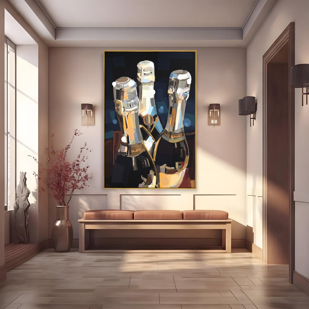 Tablou Canvas Premium, LuxCanva® N1081, Sclipiri de Cristal, Sticle, Sampanie, Arta Abstract, Lux, Petrecere, Festiv, Sarbatoare, Pub, Bar, Lounge, Restaurant, Bucatarie