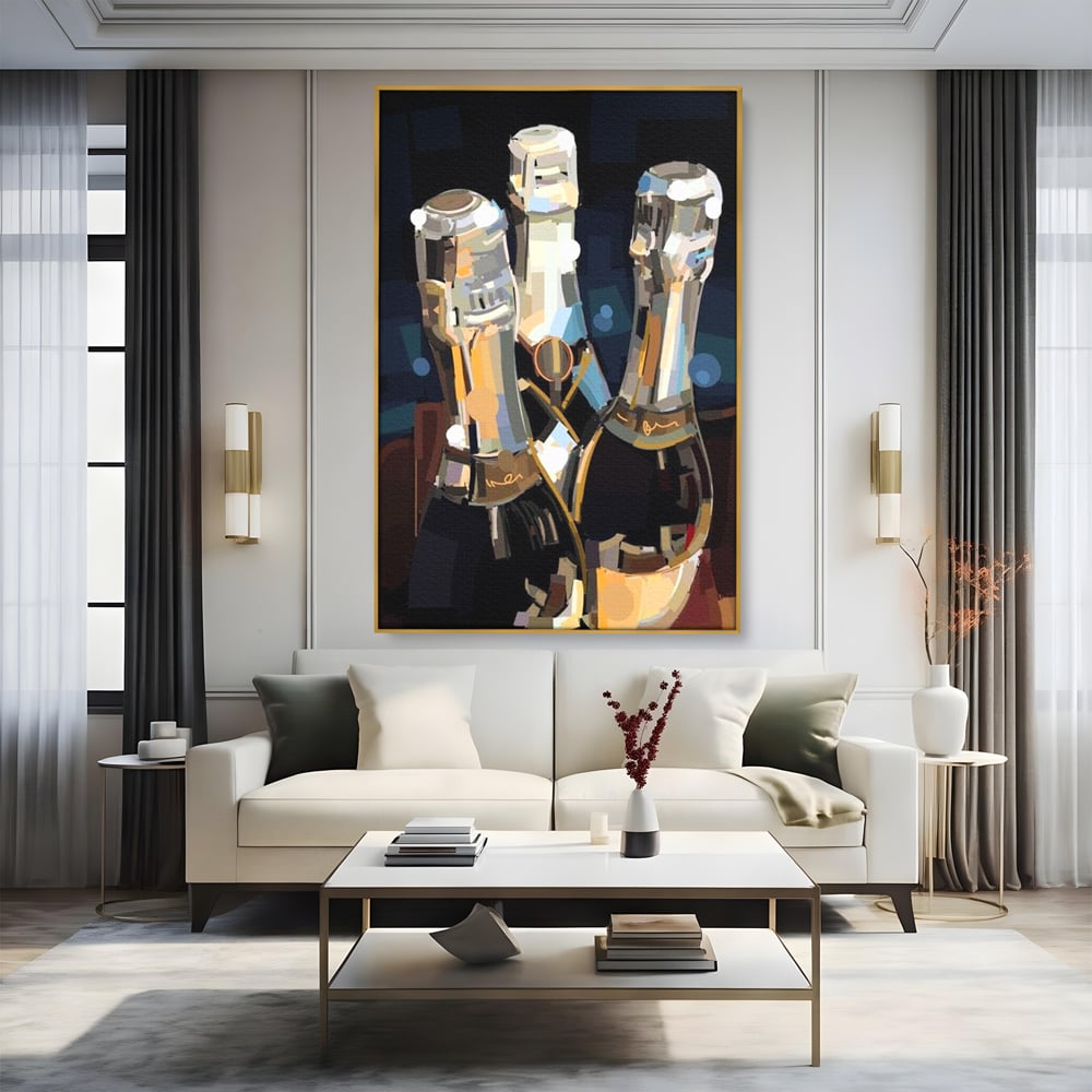 Tablou Canvas Premium, LuxCanva® N1081, Sclipiri de Cristal, Sticle, Sampanie, Arta Abstract, Lux, Petrecere, Festiv, Sarbatoare, Pub, Bar, Lounge, Restaurant, Bucatarie