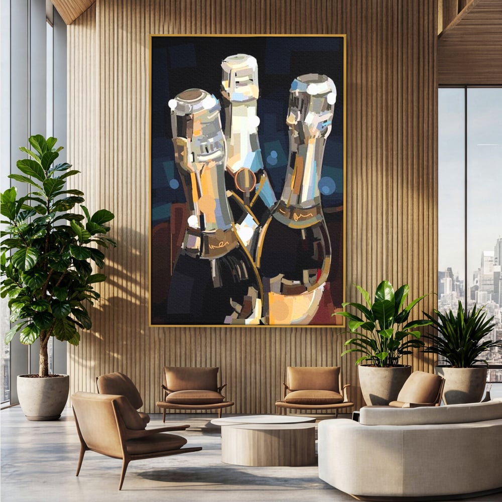 Tablou Canvas Premium, LuxCanva® N1081, Sclipiri de Cristal, Sticle, Sampanie, Arta Abstract, Lux, Petrecere, Festiv, Sarbatoare, Pub, Bar, Lounge, Restaurant, Bucatarie