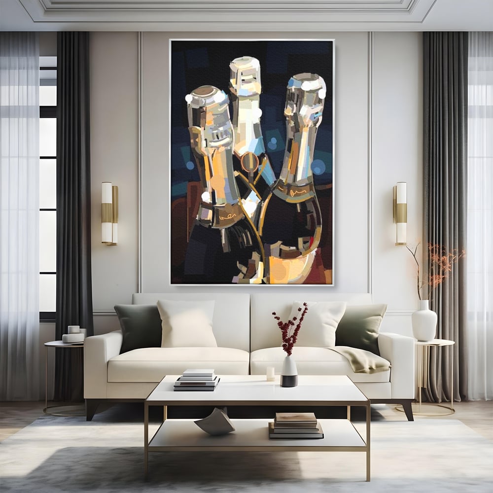 Tablou Canvas Premium, LuxCanva® N1081, Sclipiri de Cristal, Sticle, Sampanie, Arta Abstract, Lux, Petrecere, Festiv, Sarbatoare, Pub, Bar, Lounge, Restaurant, Bucatarie