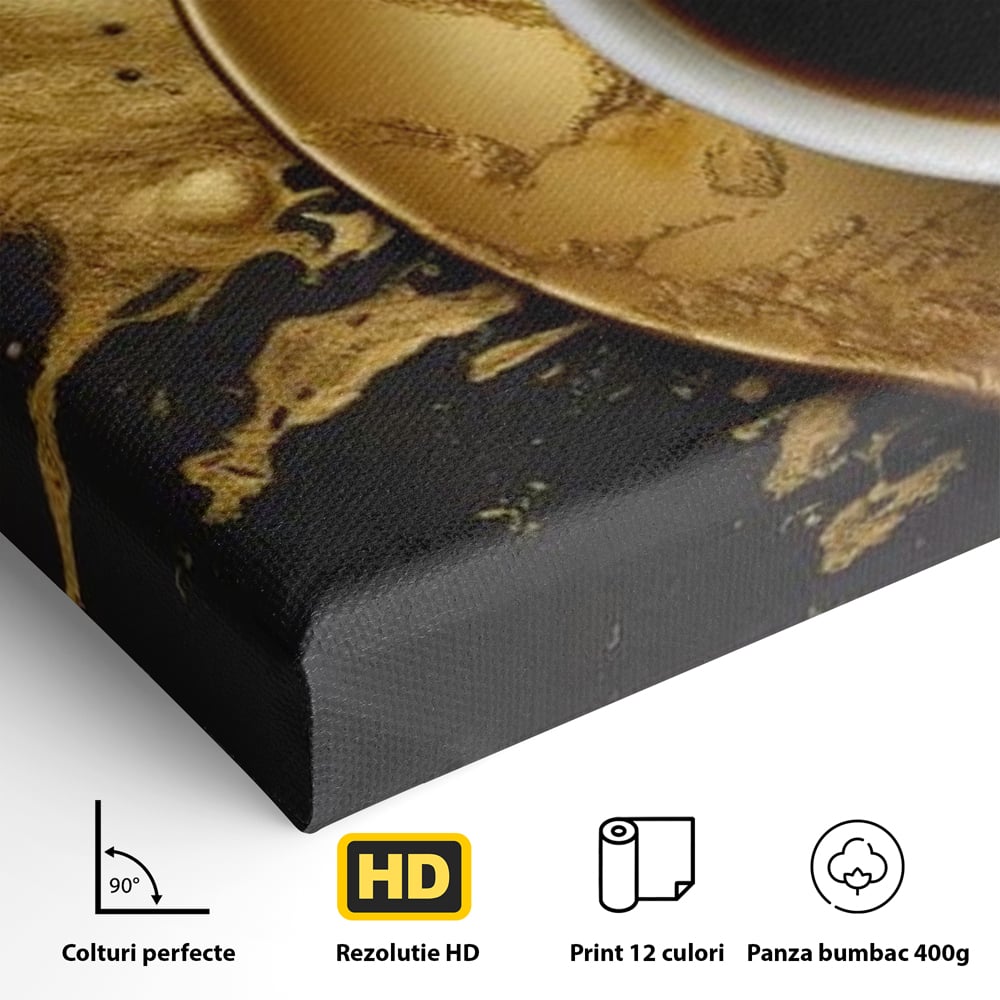 Tablou Canvas Premium, LuxCanva® N1082, Cafeaua Zeilor, Aur, Negru, Cafea, Espresso, Elegant, Lux, Spuma, Aroma, Modern, Cafenea, Pub, Bar, Lounge, Restaurant, Bucatarie