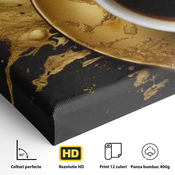 Tablou Canvas Premium, LuxCanva® N1082, Cafeaua Zeilor, Aur, Negru, Cafea, Espresso, Elegant, Lux, Spuma, Aroma, Modern, Cafenea, Pub, Bar, Lounge, Restaurant, Bucatarie