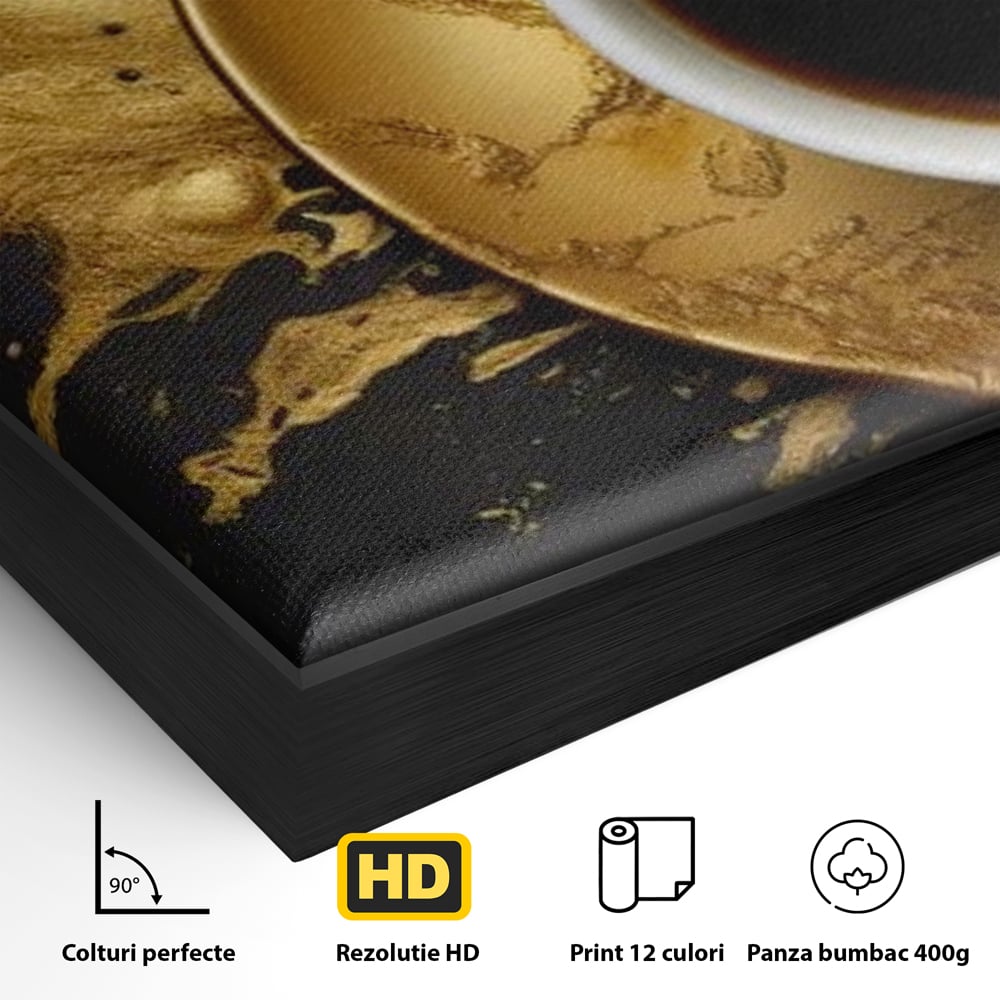 Tablou Canvas Premium, LuxCanva® N1082, Cafeaua Zeilor, Aur, Negru, Cafea, Espresso, Elegant, Lux, Spuma, Aroma, Modern, Cafenea, Pub, Bar, Lounge, Restaurant, Bucatarie