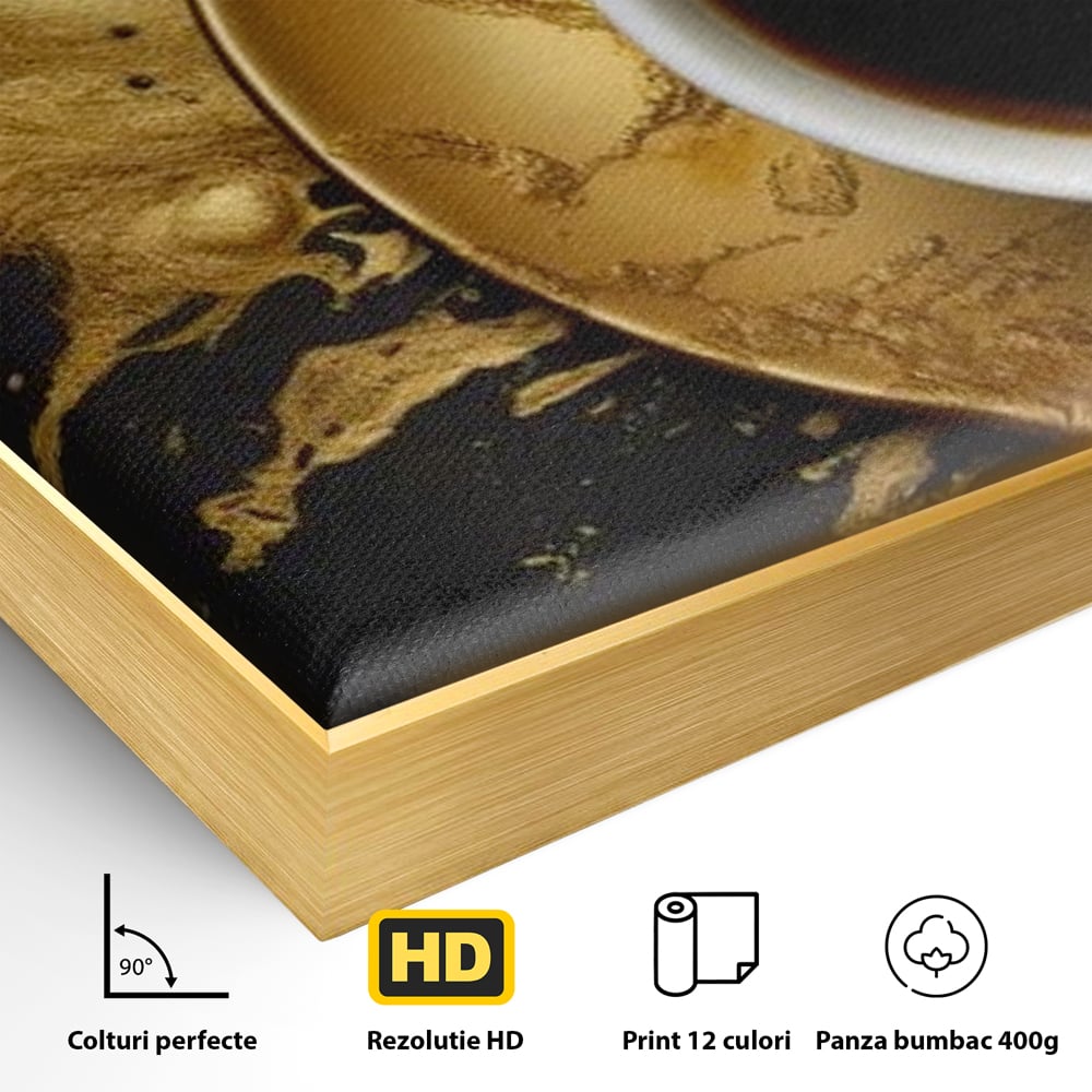 Tablou Canvas Premium, LuxCanva® N1082, Cafeaua Zeilor, Aur, Negru, Cafea, Espresso, Elegant, Lux, Spuma, Aroma, Modern, Cafenea, Pub, Bar, Lounge, Restaurant, Bucatarie