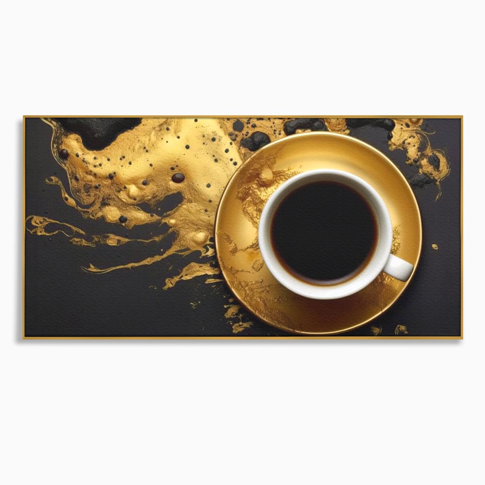 Tablou Canvas Premium, LuxCanva® N1082, Cafeaua Zeilor, Aur, Negru, Cafea, Espresso, Elegant, Lux, Spuma, Aroma, Modern, Cafenea, Pub, Bar, Lounge, Restaurant, Bucatarie
