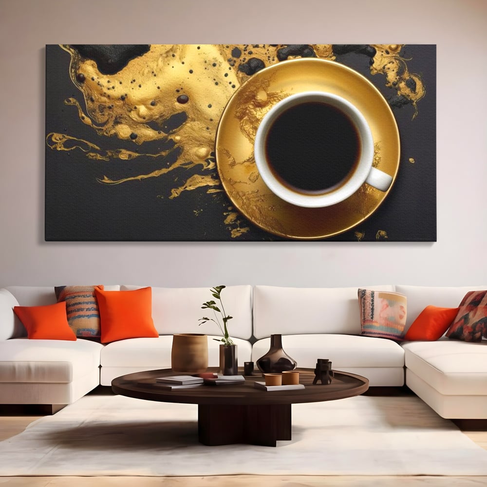 Tablou Canvas Premium, LuxCanva® N1082, Cafeaua Zeilor, Aur, Negru, Cafea, Espresso, Elegant, Lux, Spuma, Aroma, Modern, Cafenea, Pub, Bar, Lounge, Restaurant, Bucatarie