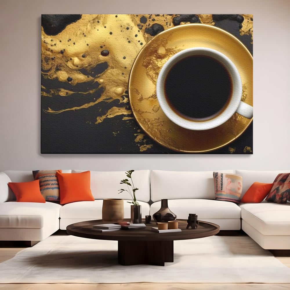 Tablou Canvas Premium, LuxCanva® N1082, Cafeaua Zeilor, Aur, Negru, Cafea, Espresso, Elegant, Lux, Spuma, Aroma, Modern, Cafenea, Pub, Bar, Lounge, Restaurant, Bucatarie