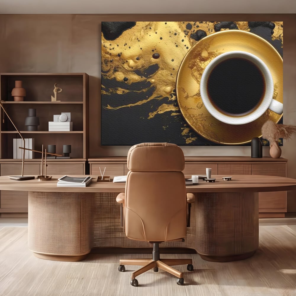 Tablou Canvas Premium, LuxCanva® N1082, Cafeaua Zeilor, Aur, Negru, Cafea, Espresso, Elegant, Lux, Spuma, Aroma, Modern, Cafenea, Pub, Bar, Lounge, Restaurant, Bucatarie