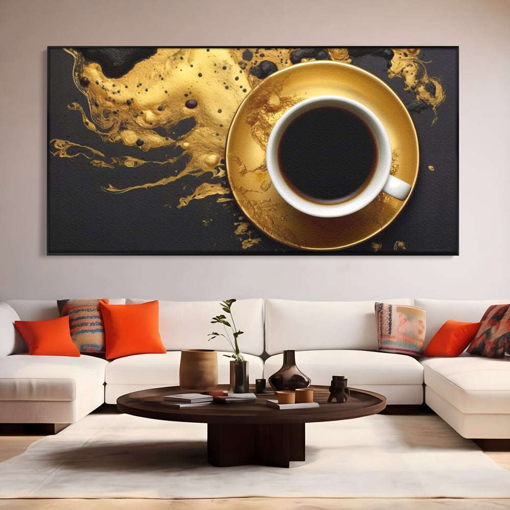 Tablou Canvas Premium, LuxCanva® N1082, Cafeaua Zeilor, Aur, Negru, Cafea, Espresso, Elegant, Lux, Spuma, Aroma, Modern, Cafenea, Pub, Bar, Lounge, Restaurant, Bucatarie