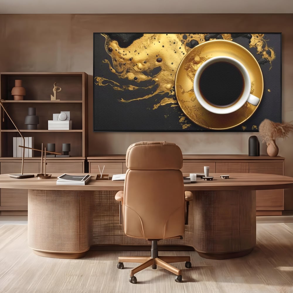 Tablou Canvas Premium, LuxCanva® N1082, Cafeaua Zeilor, Aur, Negru, Cafea, Espresso, Elegant, Lux, Spuma, Aroma, Modern, Cafenea, Pub, Bar, Lounge, Restaurant, Bucatarie
