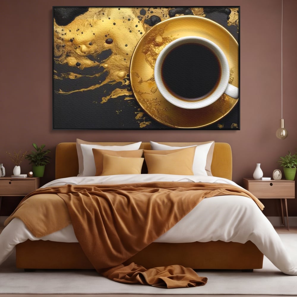 Tablou Canvas Premium, LuxCanva® N1082, Cafeaua Zeilor, Aur, Negru, Cafea, Espresso, Elegant, Lux, Spuma, Aroma, Modern, Cafenea, Pub, Bar, Lounge, Restaurant, Bucatarie