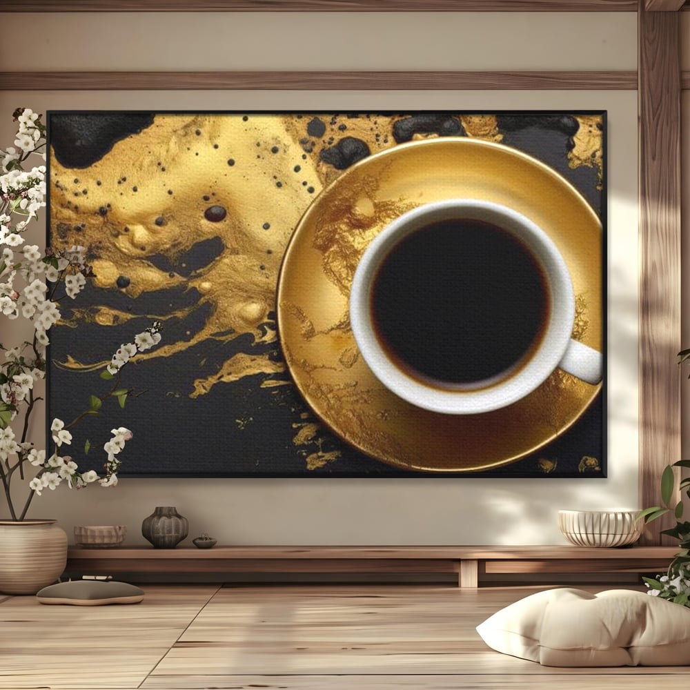 Tablou Canvas Premium, LuxCanva® N1082, Cafeaua Zeilor, Aur, Negru, Cafea, Espresso, Elegant, Lux, Spuma, Aroma, Modern, Cafenea, Pub, Bar, Lounge, Restaurant, Bucatarie