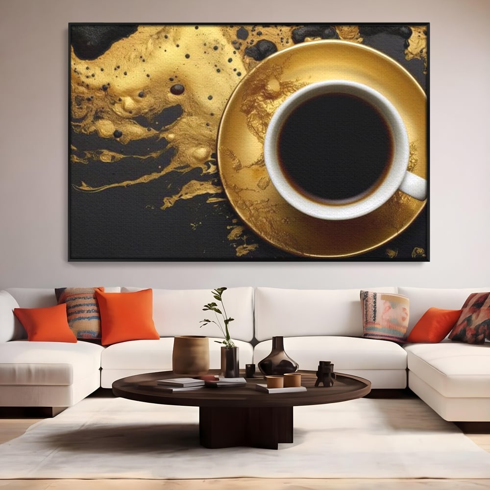 Tablou Canvas Premium, LuxCanva® N1082, Cafeaua Zeilor, Aur, Negru, Cafea, Espresso, Elegant, Lux, Spuma, Aroma, Modern, Cafenea, Pub, Bar, Lounge, Restaurant, Bucatarie