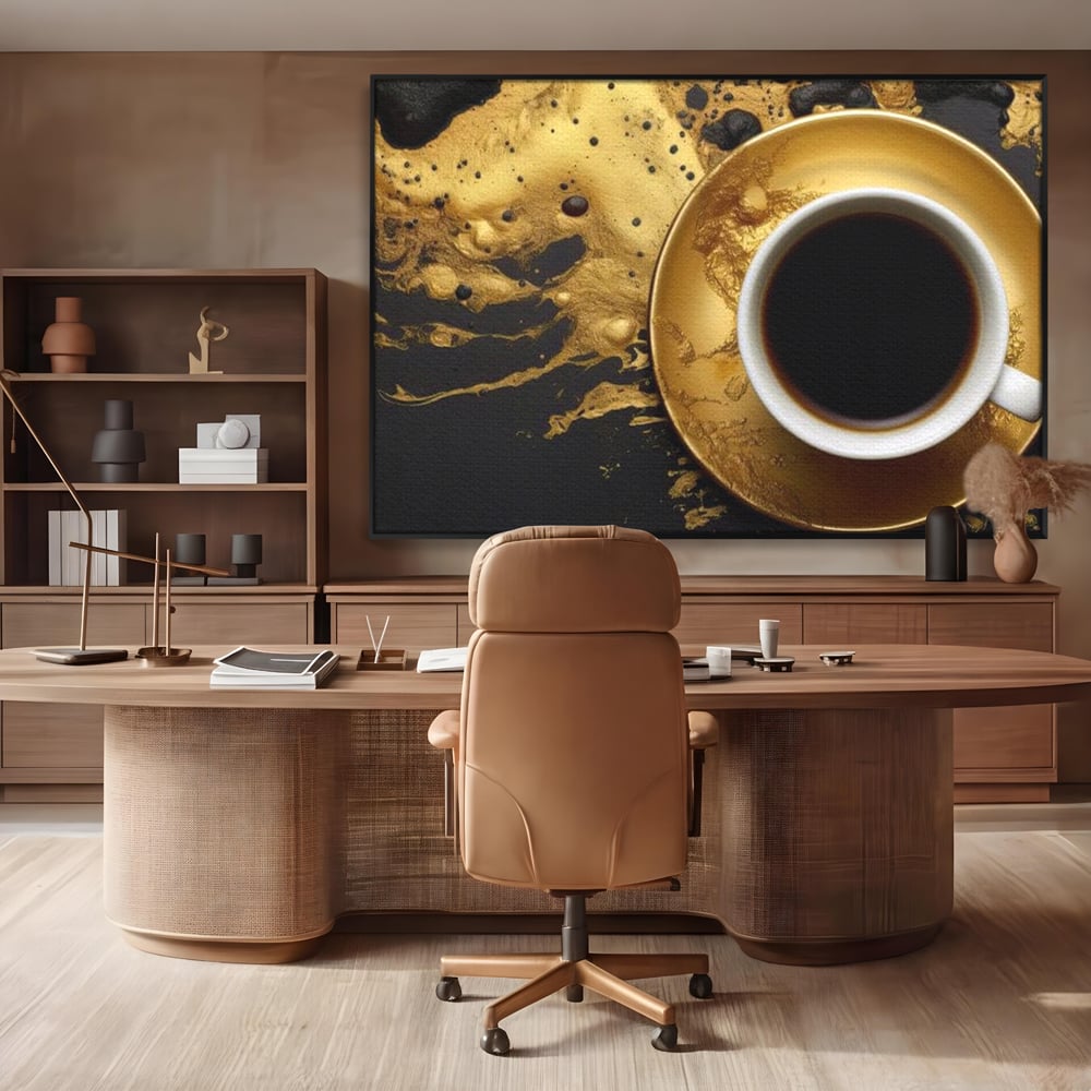 Tablou Canvas Premium, LuxCanva® N1082, Cafeaua Zeilor, Aur, Negru, Cafea, Espresso, Elegant, Lux, Spuma, Aroma, Modern, Cafenea, Pub, Bar, Lounge, Restaurant, Bucatarie