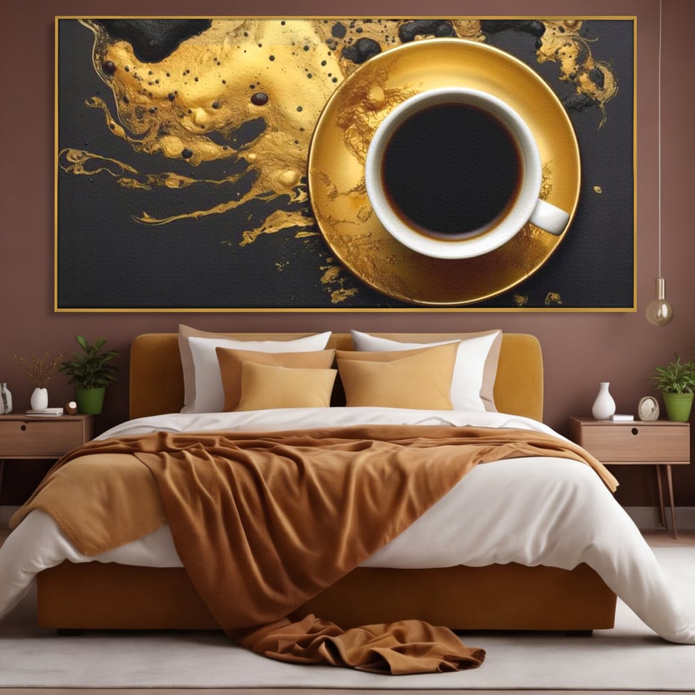 Tablou Canvas Premium, LuxCanva® N1082, Cafeaua Zeilor, Aur, Negru, Cafea, Espresso, Elegant, Lux, Spuma, Aroma, Modern, Cafenea, Pub, Bar, Lounge, Restaurant, Bucatarie