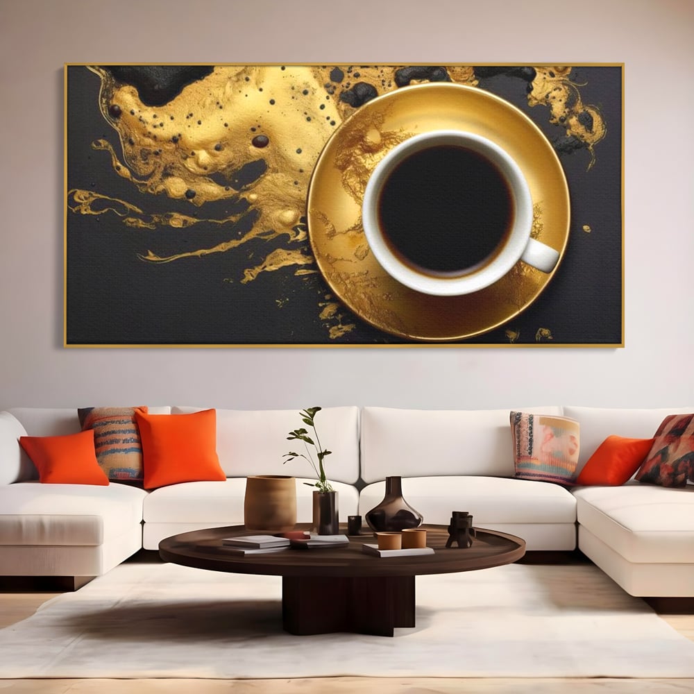 Tablou Canvas Premium, LuxCanva® N1082, Cafeaua Zeilor, Aur, Negru, Cafea, Espresso, Elegant, Lux, Spuma, Aroma, Modern, Cafenea, Pub, Bar, Lounge, Restaurant, Bucatarie