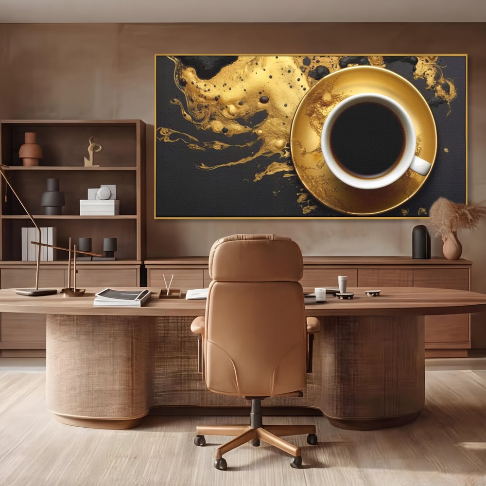 Tablou Canvas Premium, LuxCanva® N1082, Cafeaua Zeilor, Aur, Negru, Cafea, Espresso, Elegant, Lux, Spuma, Aroma, Modern, Cafenea, Pub, Bar, Lounge, Restaurant, Bucatarie