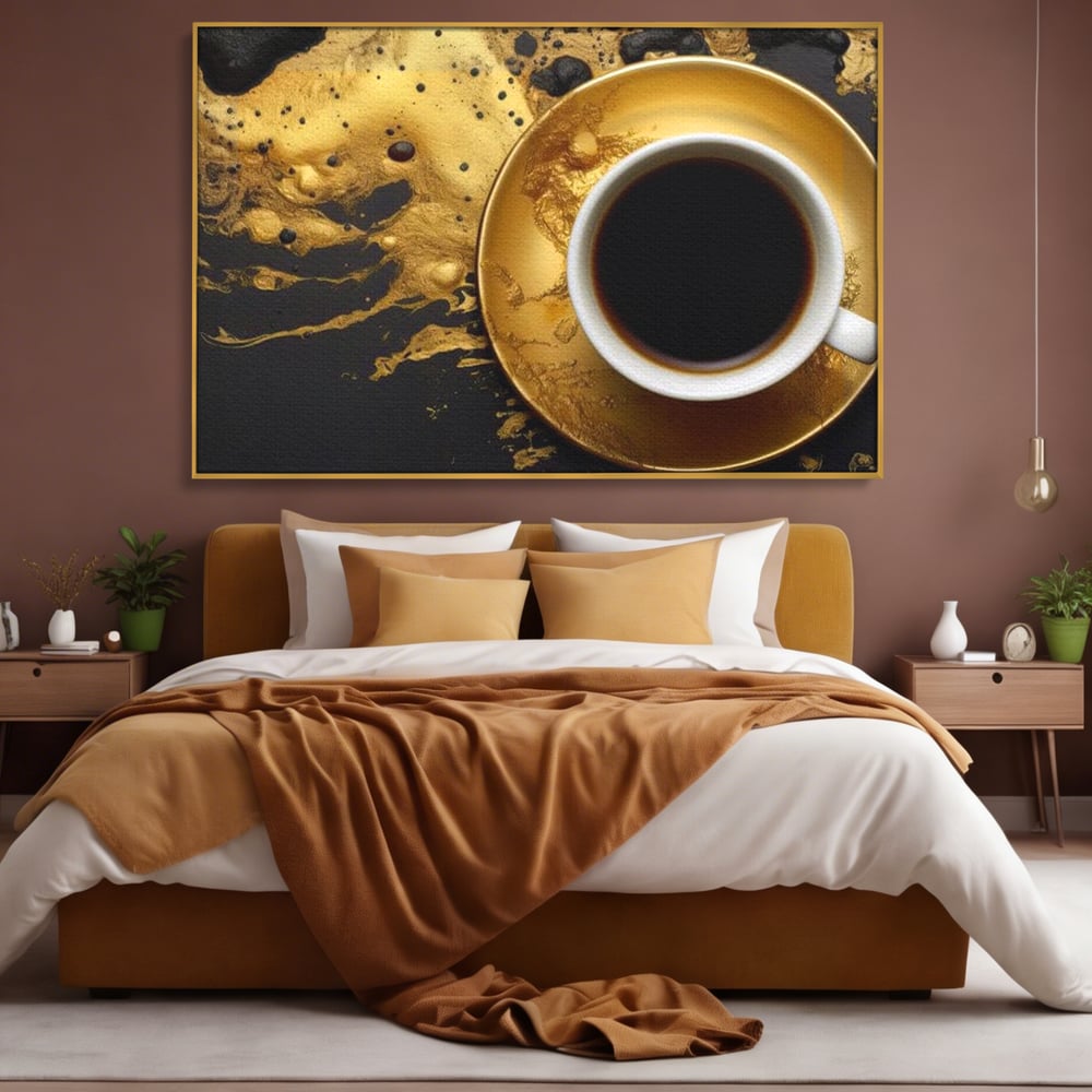 Tablou Canvas Premium, LuxCanva® N1082, Cafeaua Zeilor, Aur, Negru, Cafea, Espresso, Elegant, Lux, Spuma, Aroma, Modern, Cafenea, Pub, Bar, Lounge, Restaurant, Bucatarie