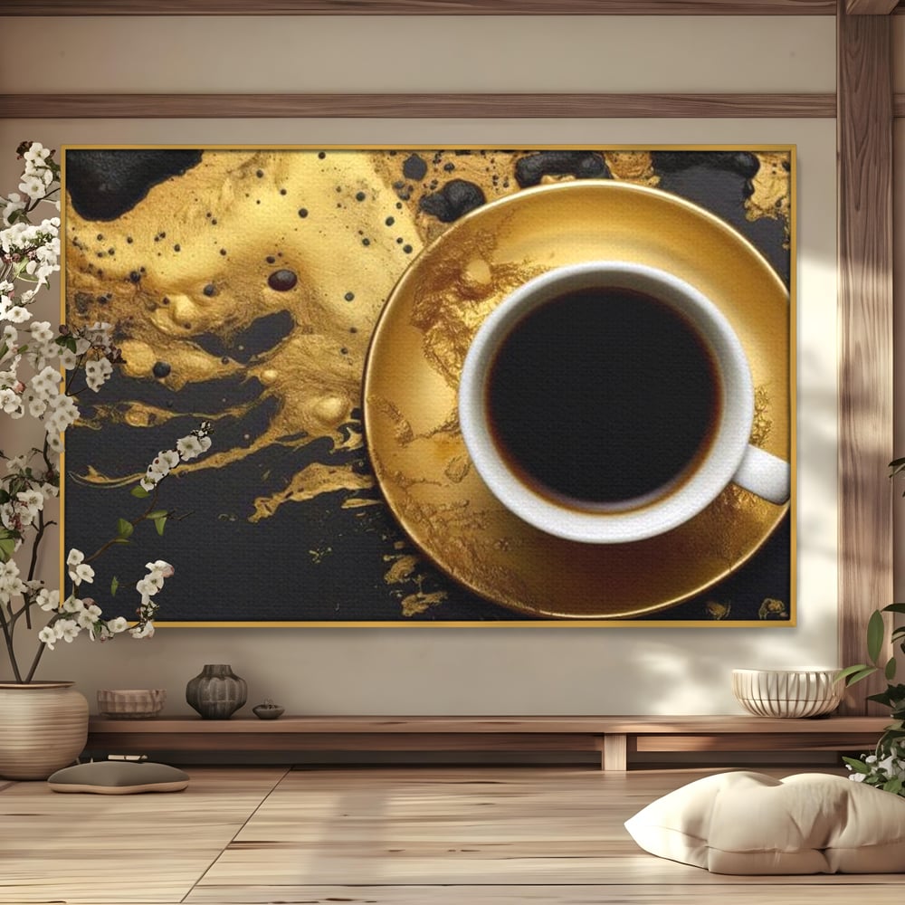 Tablou Canvas Premium, LuxCanva® N1082, Cafeaua Zeilor, Aur, Negru, Cafea, Espresso, Elegant, Lux, Spuma, Aroma, Modern, Cafenea, Pub, Bar, Lounge, Restaurant, Bucatarie