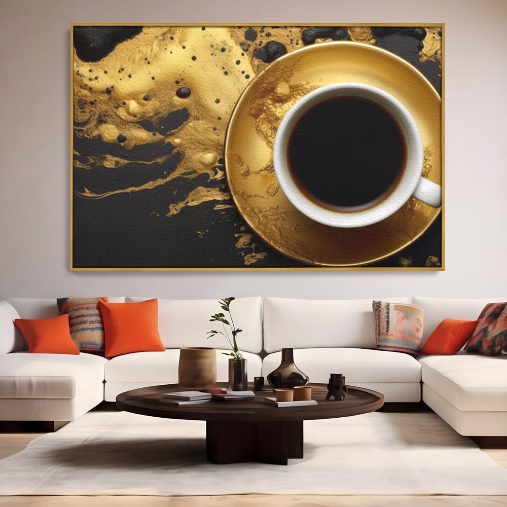 Tablou Canvas Premium, LuxCanva® N1082, Cafeaua Zeilor, Aur, Negru, Cafea, Espresso, Elegant, Lux, Spuma, Aroma, Modern, Cafenea, Pub, Bar, Lounge, Restaurant, Bucatarie