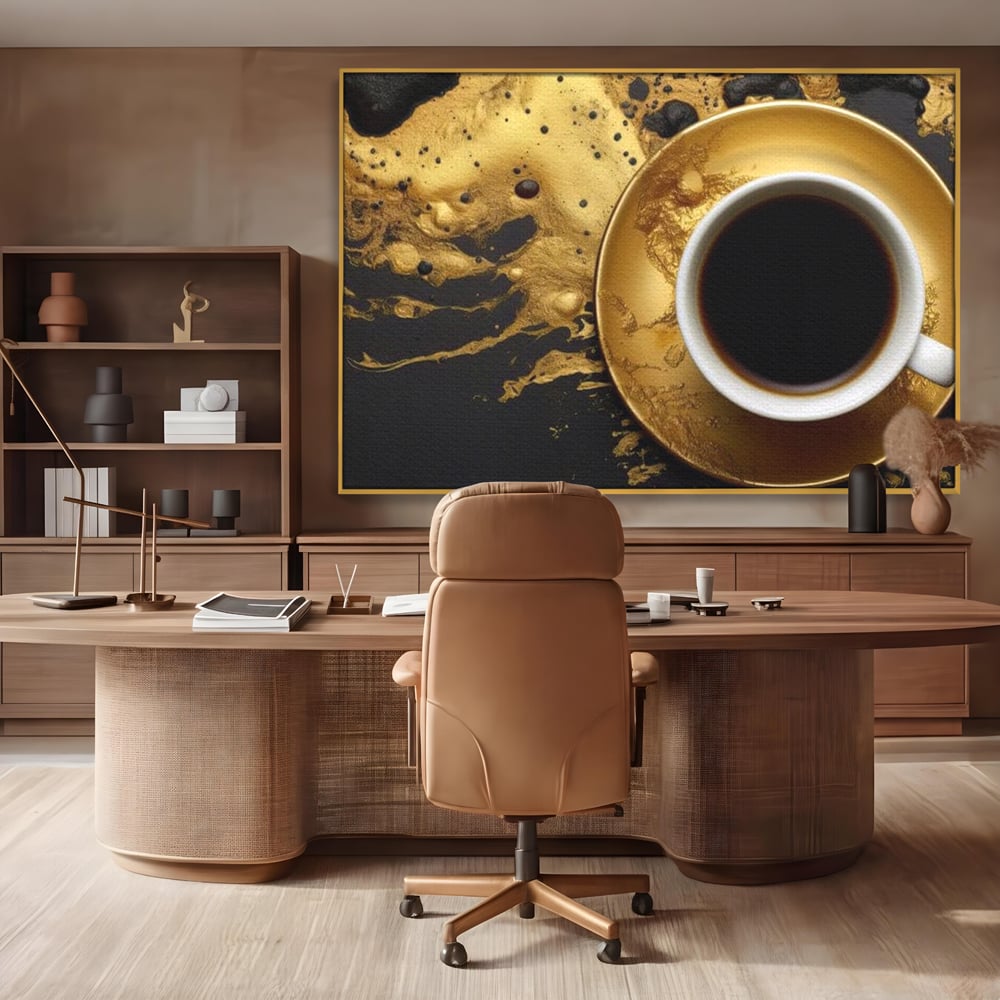 Tablou Canvas Premium, LuxCanva® N1082, Cafeaua Zeilor, Aur, Negru, Cafea, Espresso, Elegant, Lux, Spuma, Aroma, Modern, Cafenea, Pub, Bar, Lounge, Restaurant, Bucatarie