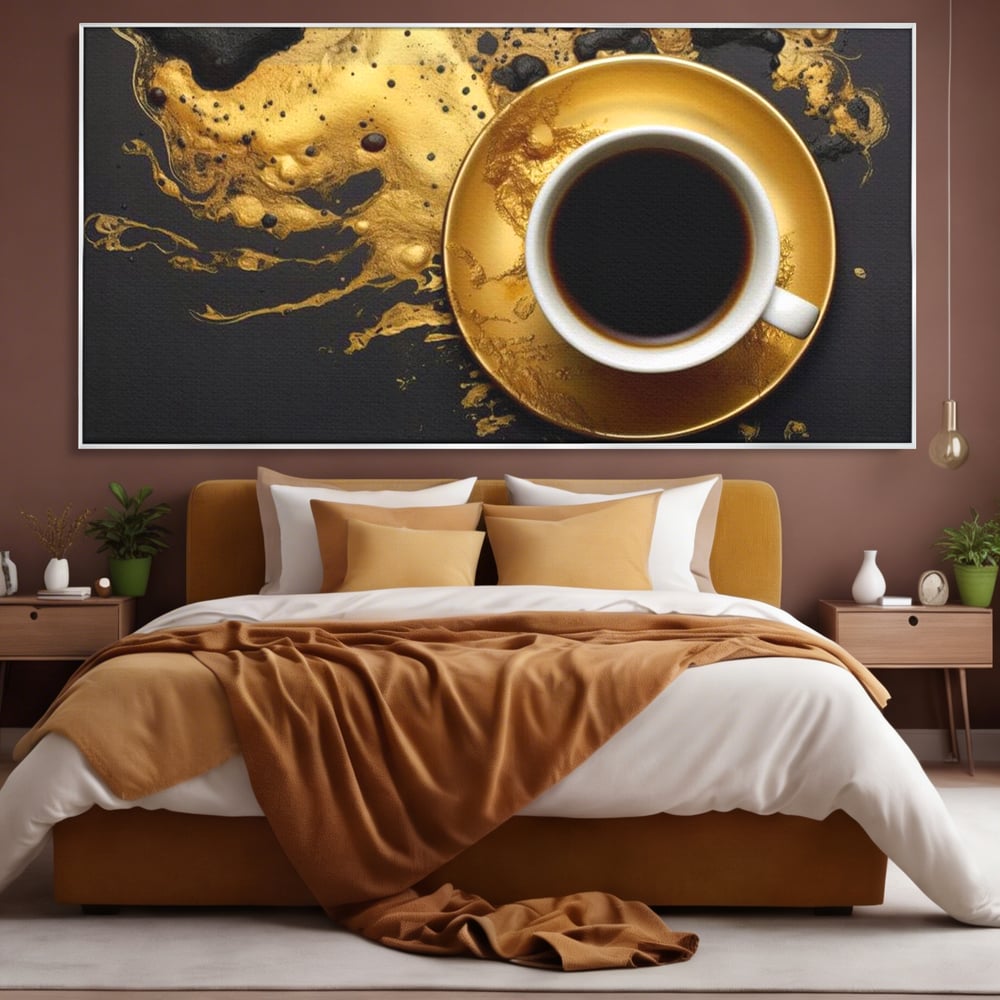 Tablou Canvas Premium, LuxCanva® N1082, Cafeaua Zeilor, Aur, Negru, Cafea, Espresso, Elegant, Lux, Spuma, Aroma, Modern, Cafenea, Pub, Bar, Lounge, Restaurant, Bucatarie