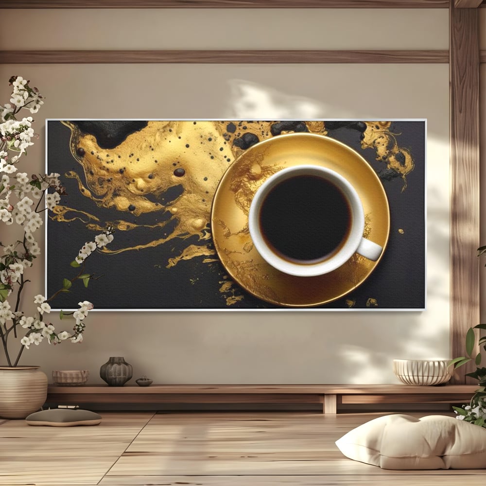 Tablou Canvas Premium, LuxCanva® N1082, Cafeaua Zeilor, Aur, Negru, Cafea, Espresso, Elegant, Lux, Spuma, Aroma, Modern, Cafenea, Pub, Bar, Lounge, Restaurant, Bucatarie