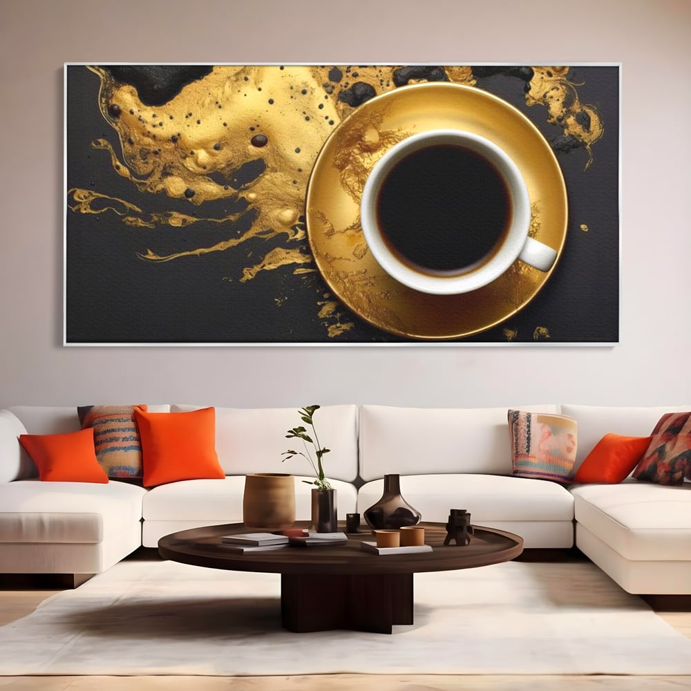 Tablou Canvas Premium, LuxCanva® N1082, Cafeaua Zeilor, Aur, Negru, Cafea, Espresso, Elegant, Lux, Spuma, Aroma, Modern, Cafenea, Pub, Bar, Lounge, Restaurant, Bucatarie