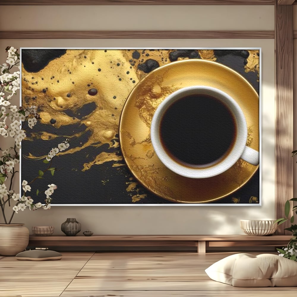 Tablou Canvas Premium, LuxCanva® N1082, Cafeaua Zeilor, Aur, Negru, Cafea, Espresso, Elegant, Lux, Spuma, Aroma, Modern, Cafenea, Pub, Bar, Lounge, Restaurant, Bucatarie