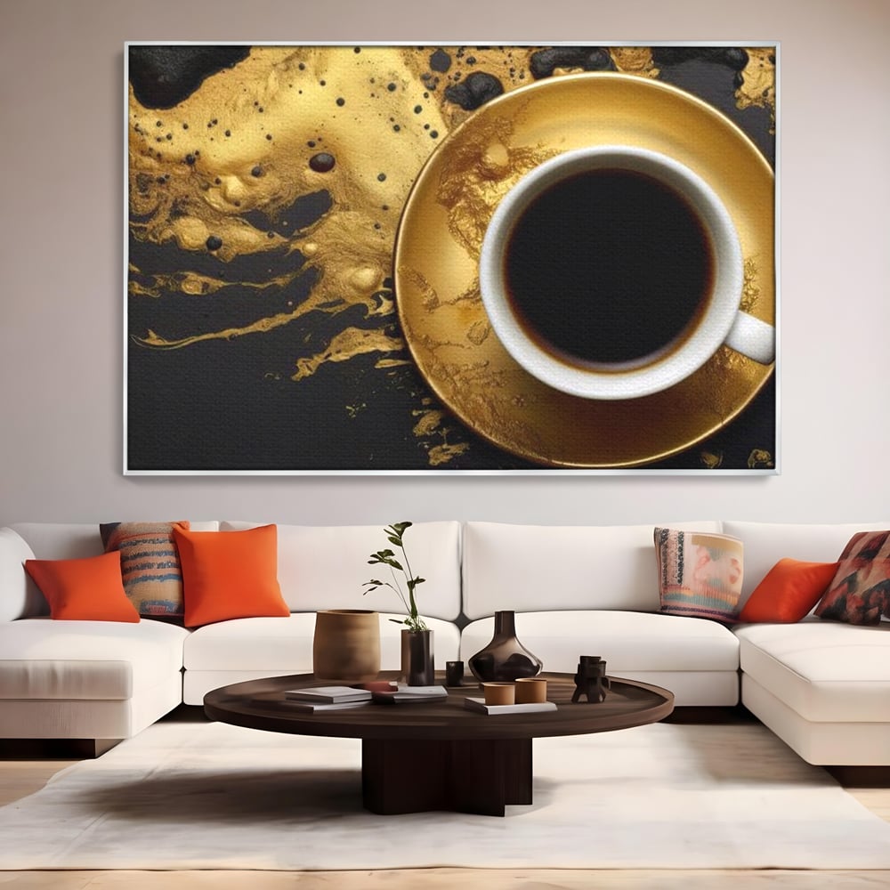 Tablou Canvas Premium, LuxCanva® N1082, Cafeaua Zeilor, Aur, Negru, Cafea, Espresso, Elegant, Lux, Spuma, Aroma, Modern, Cafenea, Pub, Bar, Lounge, Restaurant, Bucatarie